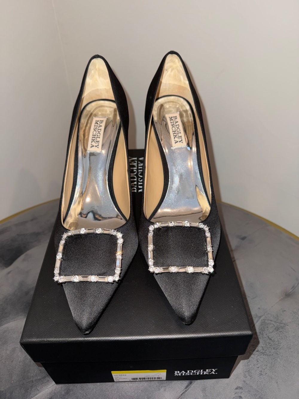 Badgley Mischka Devi Black Satin Pointed Pumps with Crystal Square Buckle